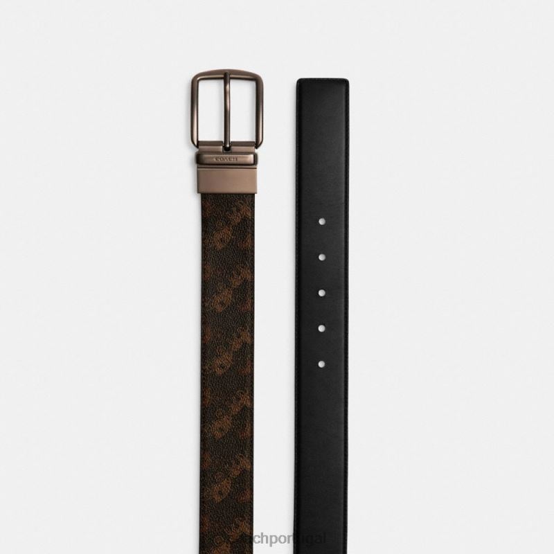 Coach homens Cinto reversível com fivela de arnês cortado sob medida com estampa de cavalo e carruagem, 38 mm trufa/preta 6B20P795