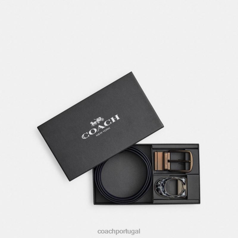 Coach homens arnês em caixa e cinto reversível cortado sob medida com fivela exclusiva, 38 mm carvão/marinha da meia-noite 6B20P794