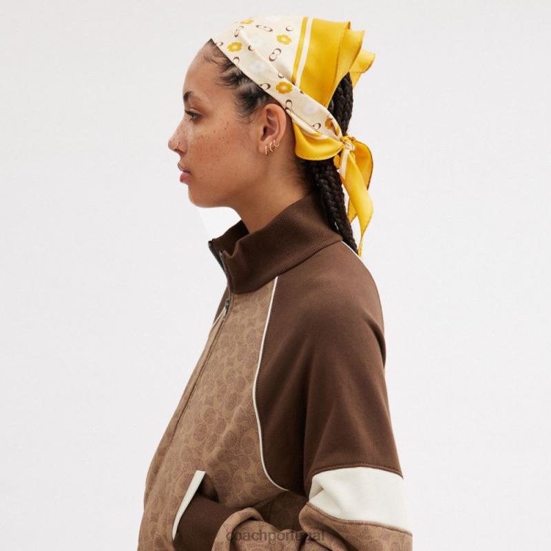 Coach mulheres lenço de diamante de seda com estampa de rosa chá botão de ouro 6B20P594