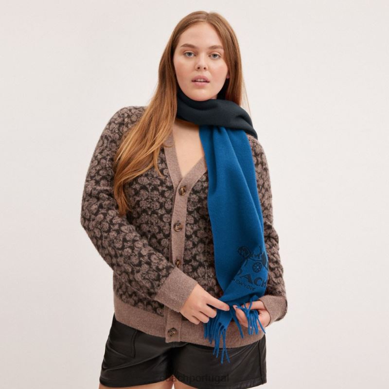 Coach mulheres silenciador de caxemira bicolor para cavalo e carruagem meia-noite marinho/jeans 6B20P558