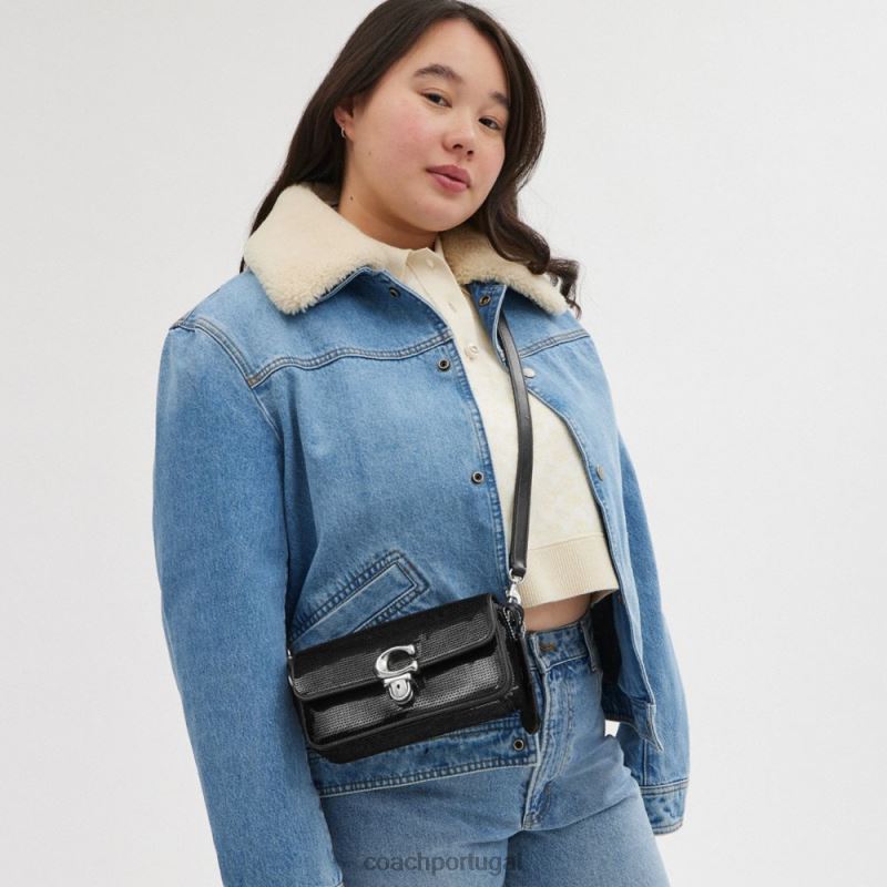 Coach mulheres bolsa baguete de estúdio com lantejoulas lh/preto 6B20P183