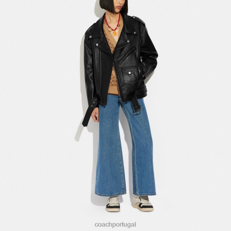 Coach mulheres jaqueta biker de couro oversized preto 6B20P465