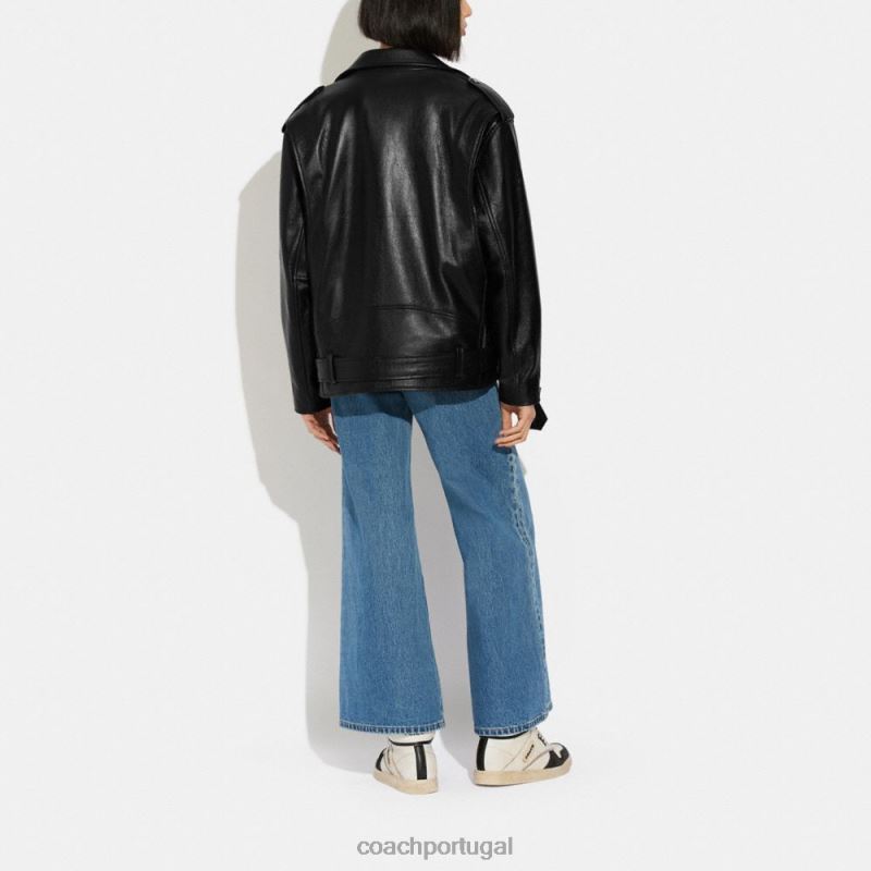 Coach mulheres jaqueta biker de couro oversized preto 6B20P465