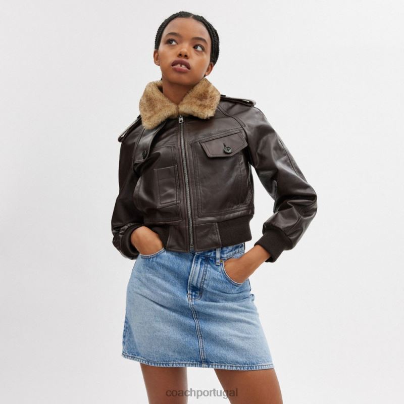 Coach mulheres jaqueta de couro recortada marrom 6B20P435