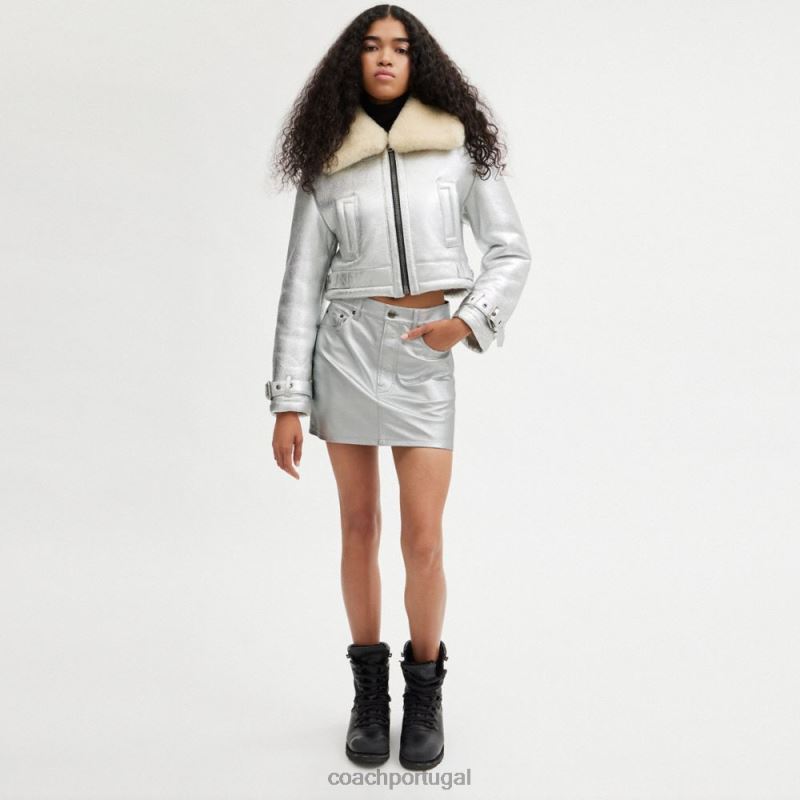 Coach mulheres minissaia de couro metálico prata 6B20P510