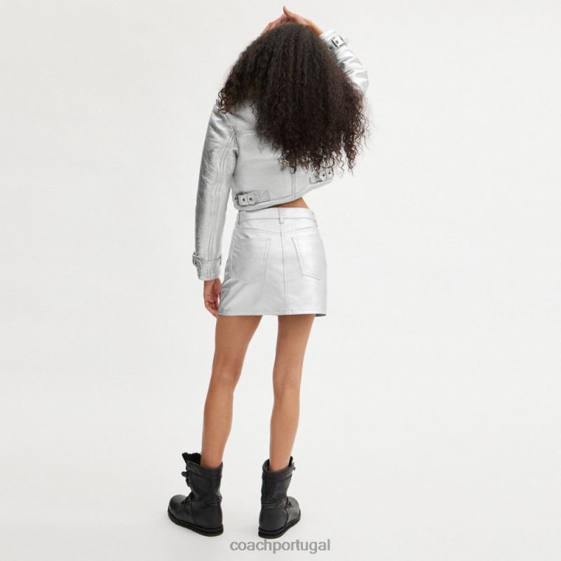 Coach mulheres minissaia de couro metálico prata 6B20P510