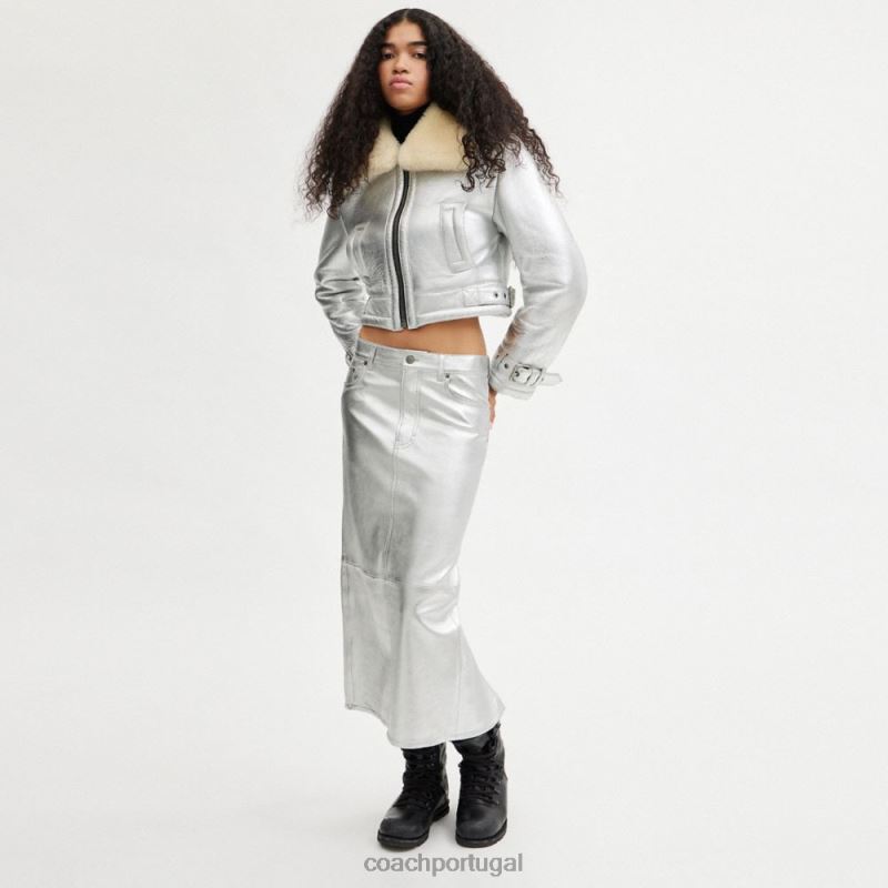 Coach mulheres saia longa de couro metálico prata multi. 6B20P507