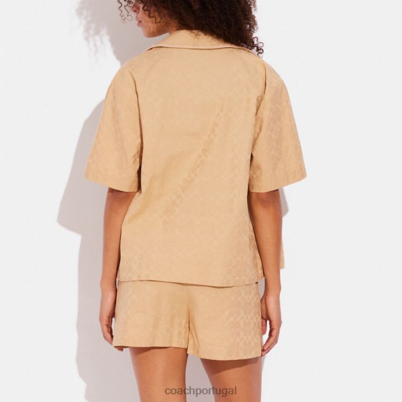 Coach mulheres Camisa com botões e acabamento em crochê jacquard exclusivo assinatura bronzeada 6B20P500