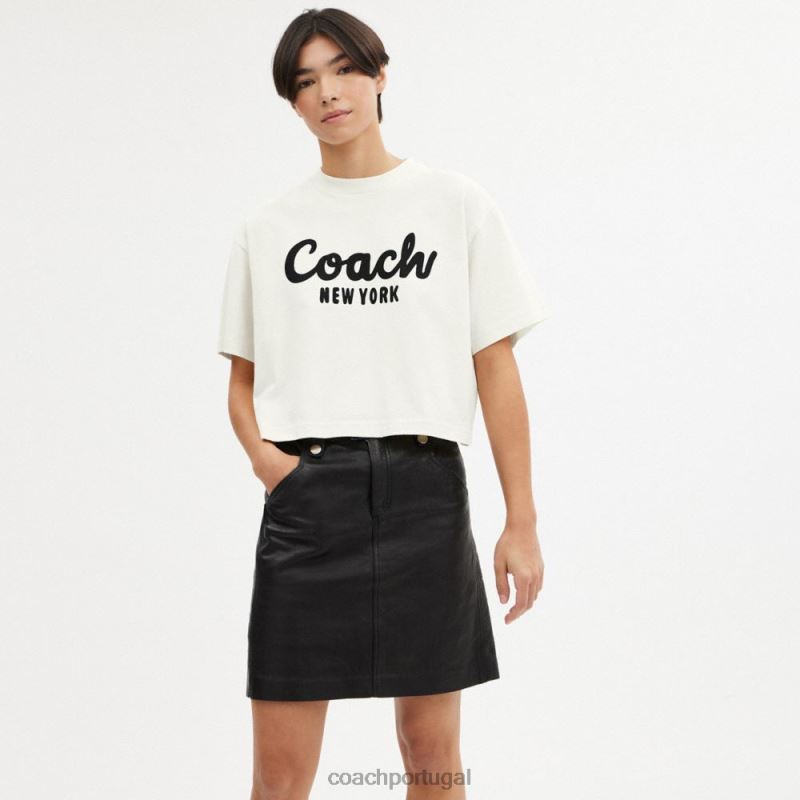 Coach mulheres camiseta cropped com assinatura cursiva creme. 6B20P473