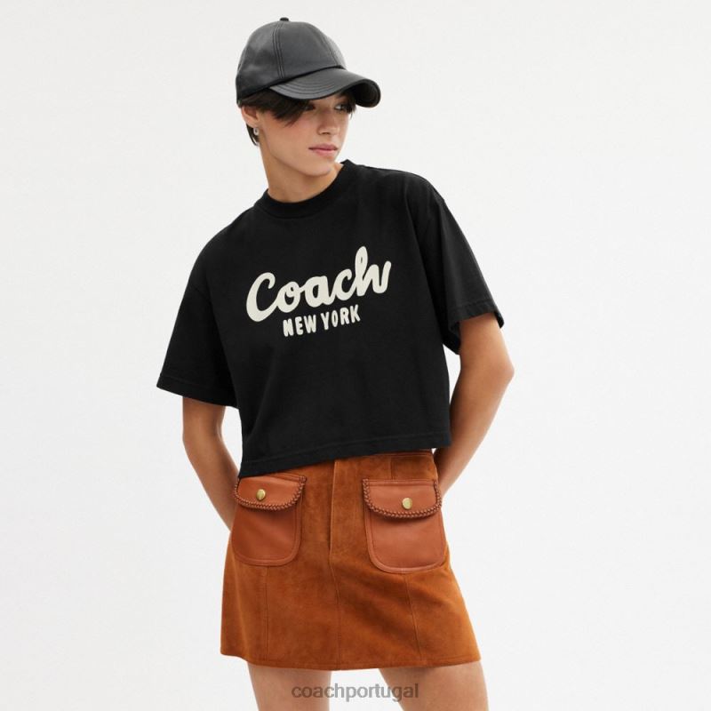 Coach mulheres camiseta cropped com assinatura cursiva preto 6B20P472