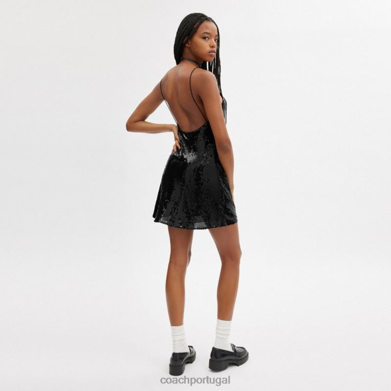 Coach mulheres vestido cami curto de lantejoulas preto 6B20P515